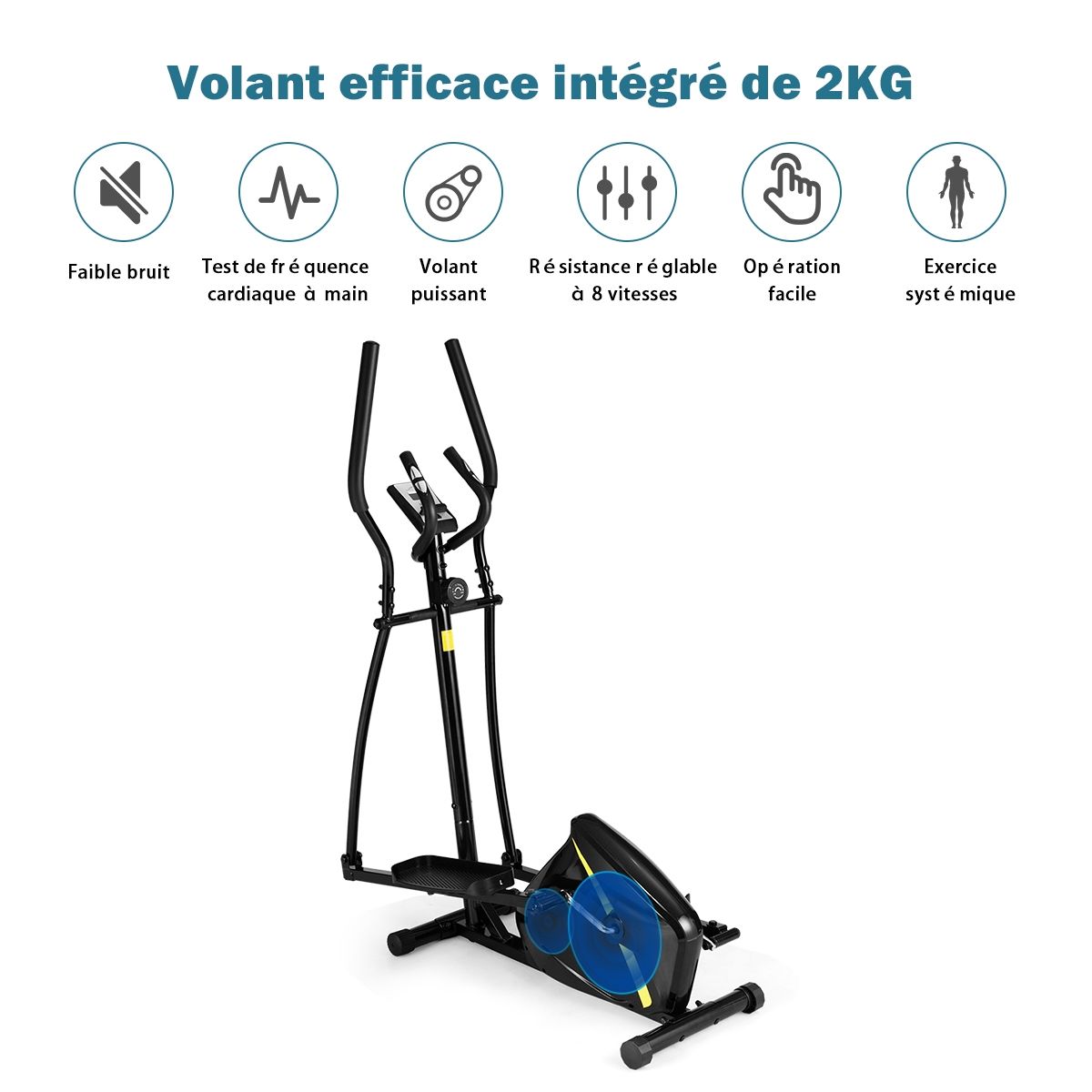 Vélo Elliptique avec 8 Niveaux de Résistance-Masse d'Inertie 2 kg Pouls à la Main Affichage LCD