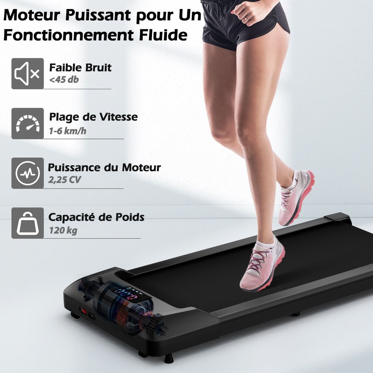 Tapis de Course Mince Tapis de Jogging avec Capacité de 120 Kg Télécommande et Écran Led Inclinable à Roulettes Tapis de Course à Glisser Gris/Noir...