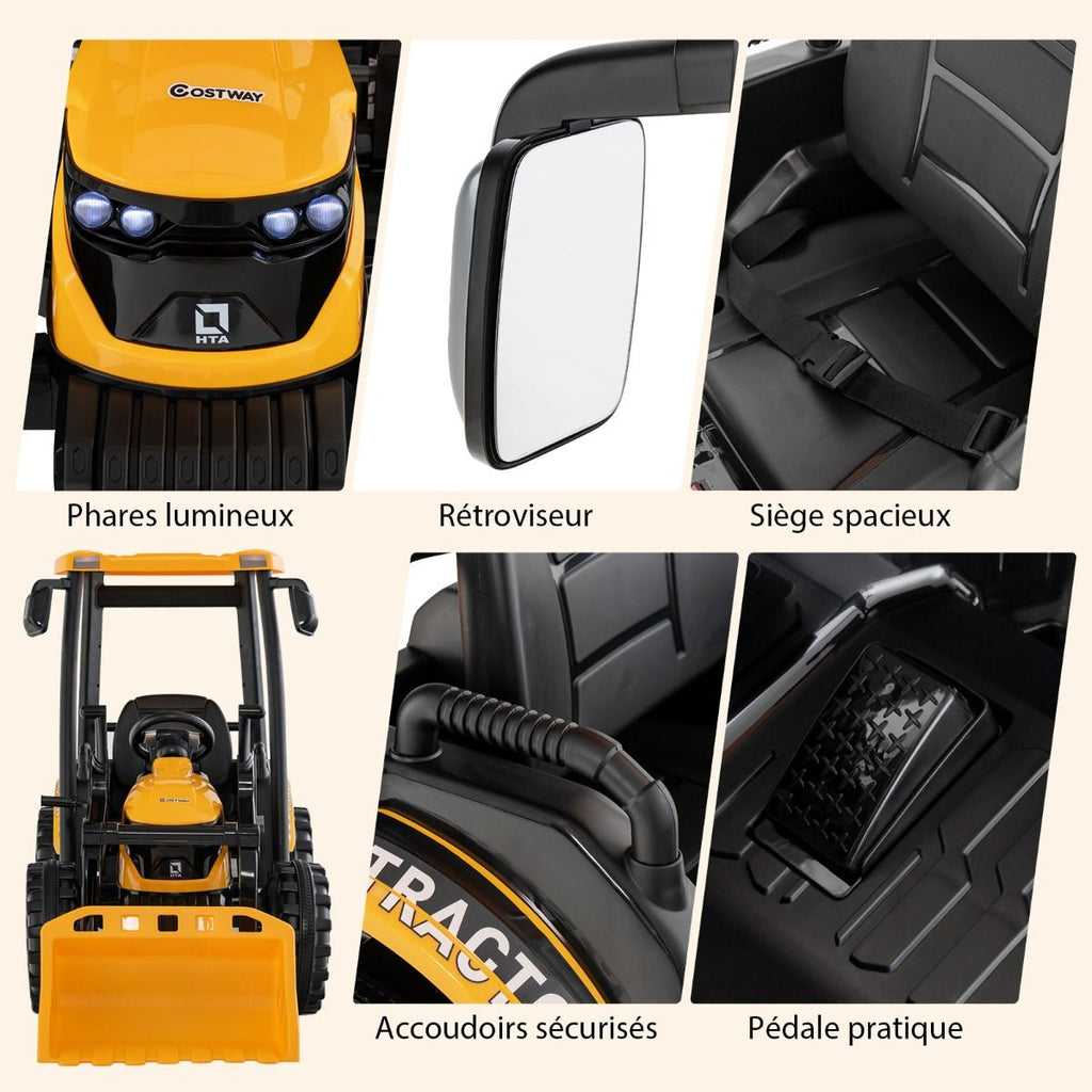 12V Tracteur Électrique Enfants avec Pelle&Remorque Amovible Véhicule Électrique à 6 Roues avec Télécommande & Musique 3-6 km/h pour 3-8 Ans Jaune/...