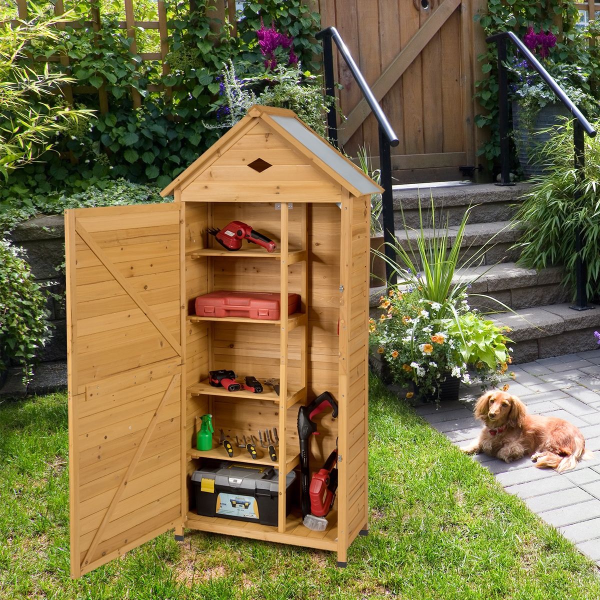 Abri de Jardin Extérieur à 5 Etagères Cabane Verrouillable en Bois de Sapin Toit en Tôle Galvanisée