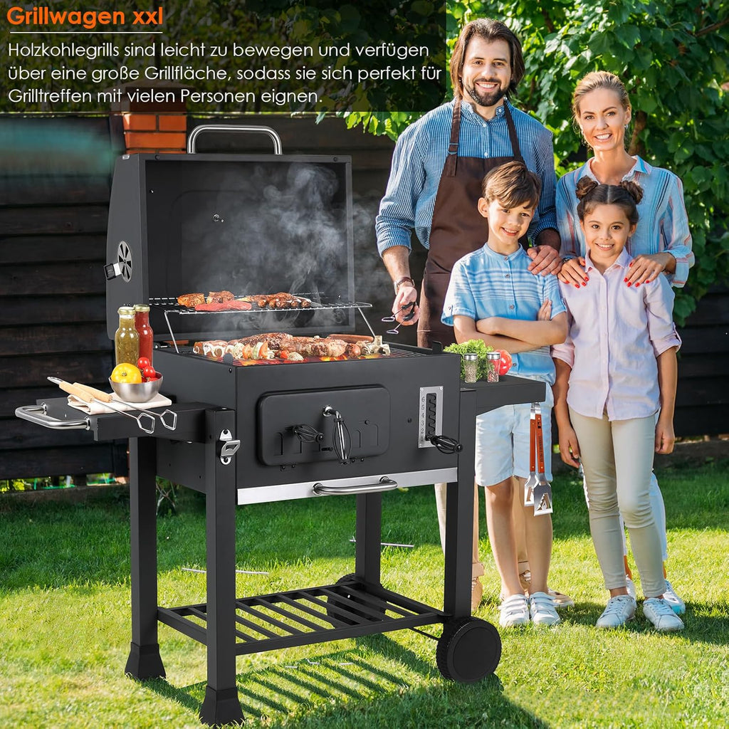 Barbecue Charbon de Bois XL, Chariot à Barbecue, Grill XL à Charbon avec Couvercle, Roues et Thermomètre, Réglable en Hauteur, Grand Barbecue au Ch...