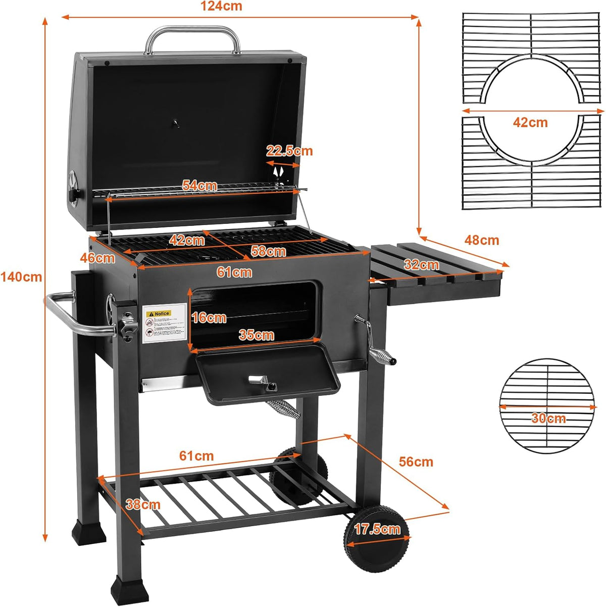 Barbecue Charbon de Bois XL, Chariot à Barbecue, Grill XL à Charbon avec Couvercle, Roues et Thermomètre, Réglable en Hauteur, Grand Barbecue au Ch...