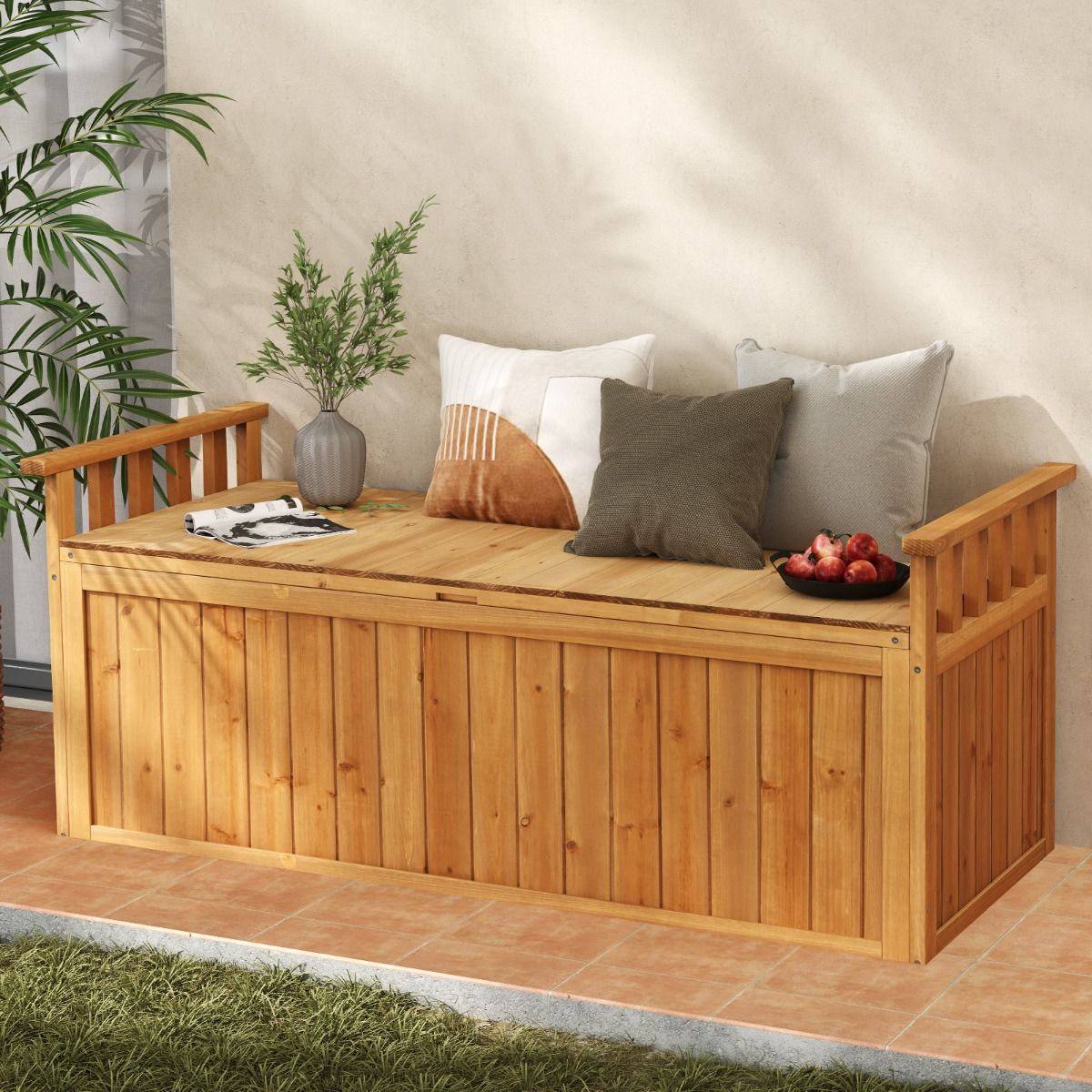 Banc de Rangement en Bois Banc d'Extérieur à 2 Places de 209 L avec Accoudoirs Coffre de Stockage en Bois Charge 100KG Naturel