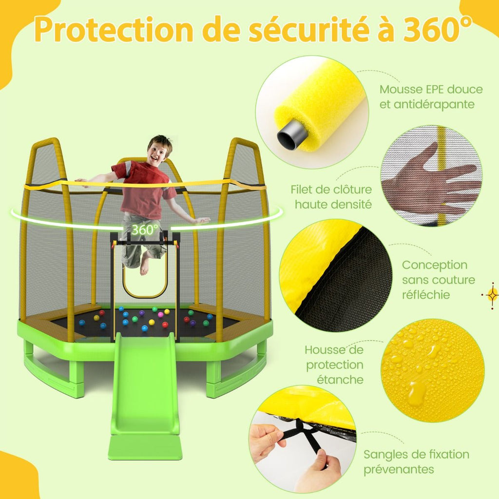 Trampoline Extérieur Ø 223cm avec Toboggan&Echelle avec Filet de Sécurité 2 Portes en U Charge 270kg pour 2-3 Enfants de 3 Ans+ Bleu/Vert