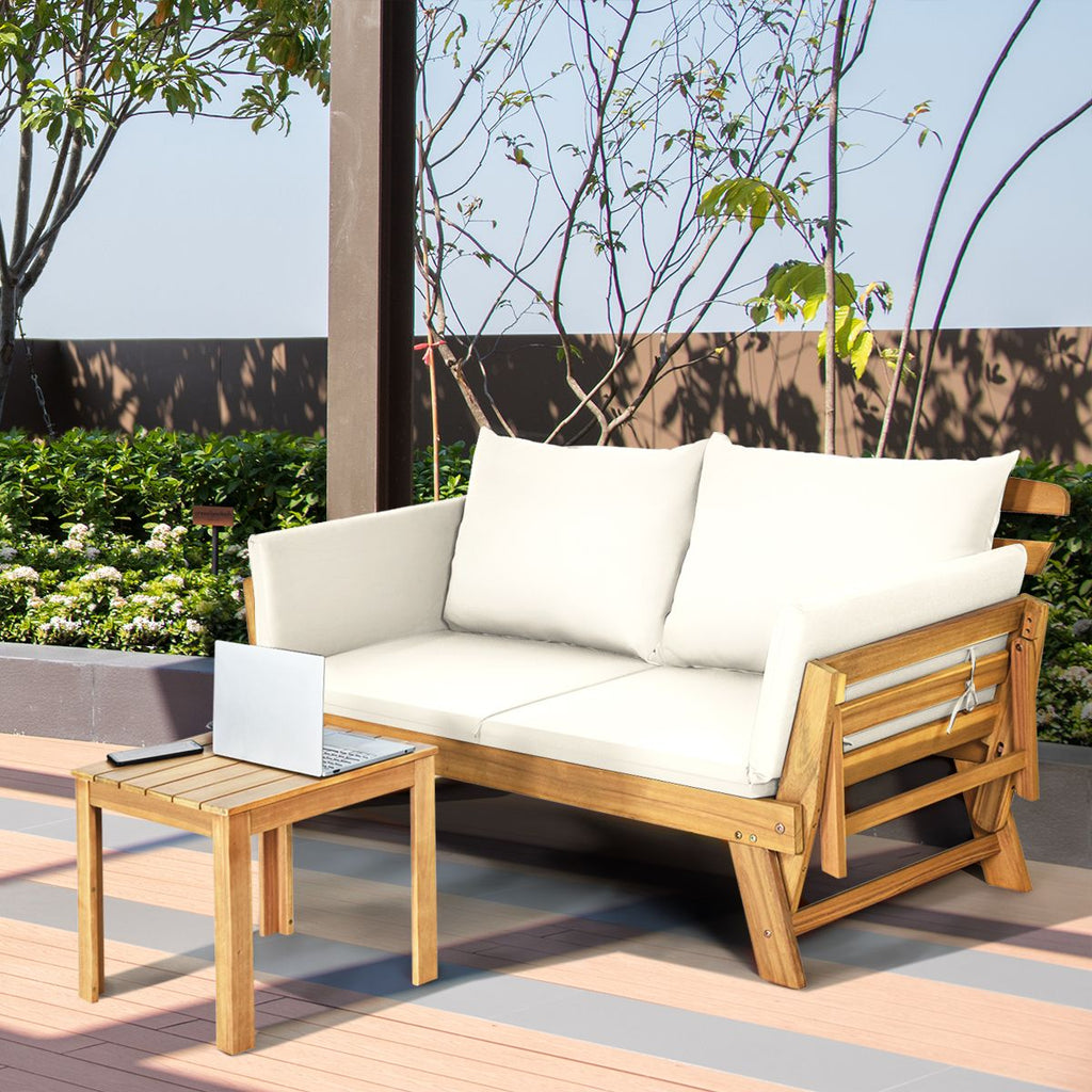 Chaise Longue Convertible avec Coussin Canapé de Jardin 2 en 1 en Bois d’Acacia avec Accoudoir Réglable pour Patio Piscine Jardin Blanc/Gris/Bleu/R...