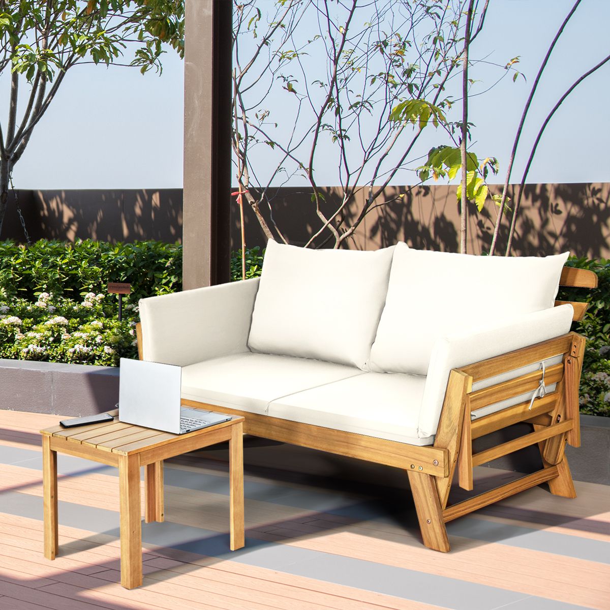 Chaise Longue Convertible avec Coussin Canapé de Jardin 2 en 1 en Bois d’Acacia avec Accoudoir Réglable pour Patio Piscine Jardin Blanc/Gris/Bleu/R...