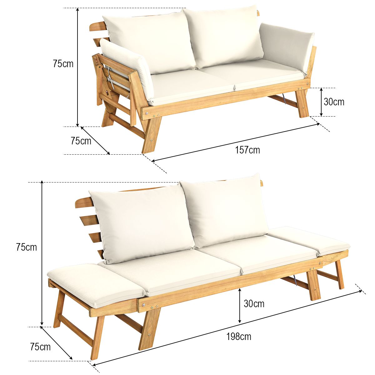 Chaise Longue Convertible avec Coussin Canapé de Jardin 2 en 1 en Bois d’Acacia avec Accoudoir Réglable pour Patio Piscine Jardin Blanc/Gris/Bleu/R...