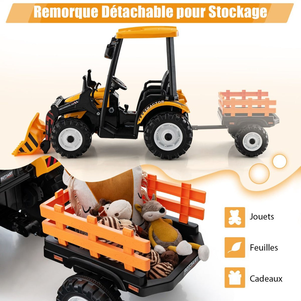 12V Tracteur Électrique Enfants avec Pelle&Remorque Amovible Véhicule Électrique à 6 Roues avec Télécommande & Musique 3-6 km/h pour 3-8 Ans Jaune/...