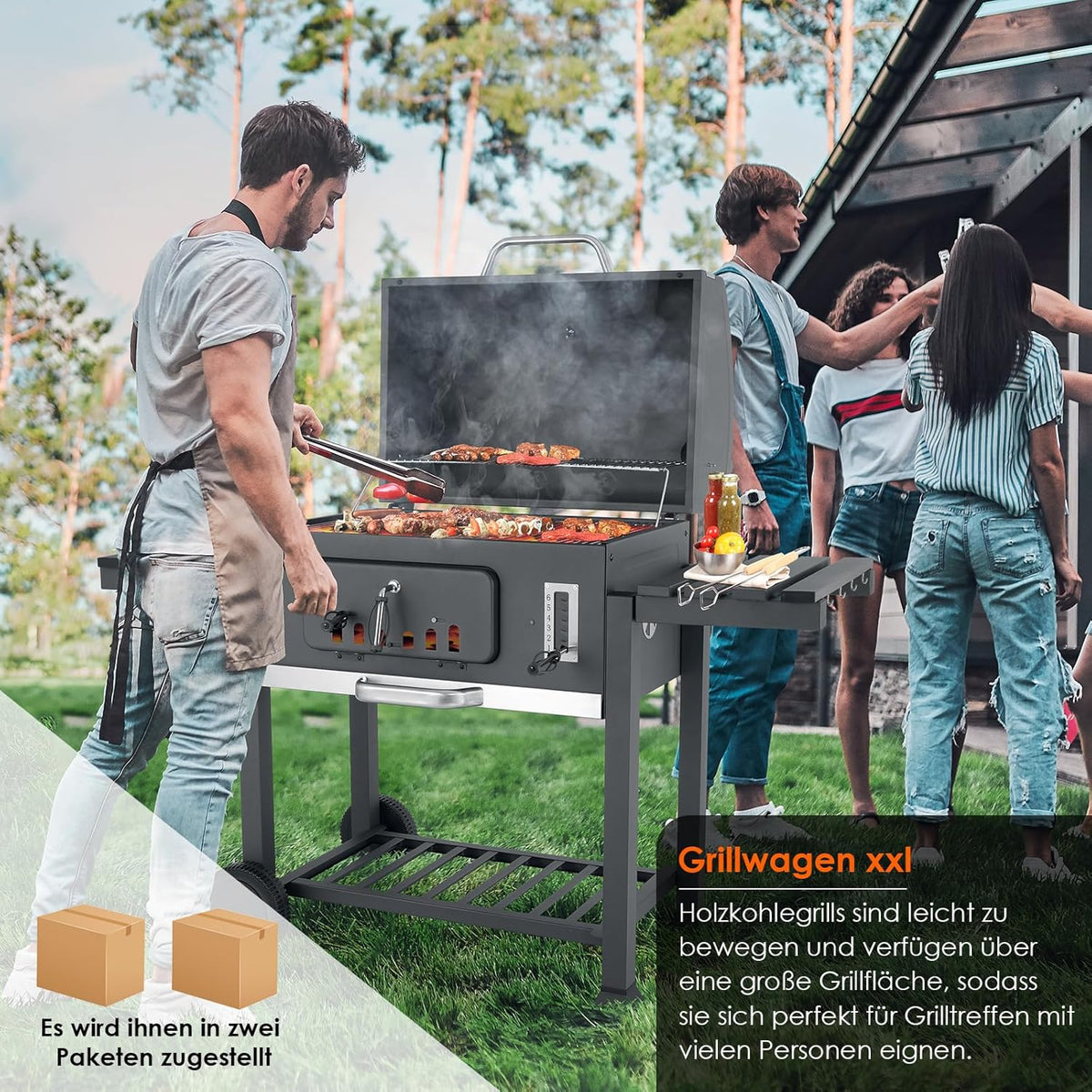 Barbecue Charbon de Bois XL, Chariot à Barbecue, Grill XL à Charbon avec Couvercle, Roues et Thermomètre, Réglable en Hauteur, Grand Barbecue au Ch...