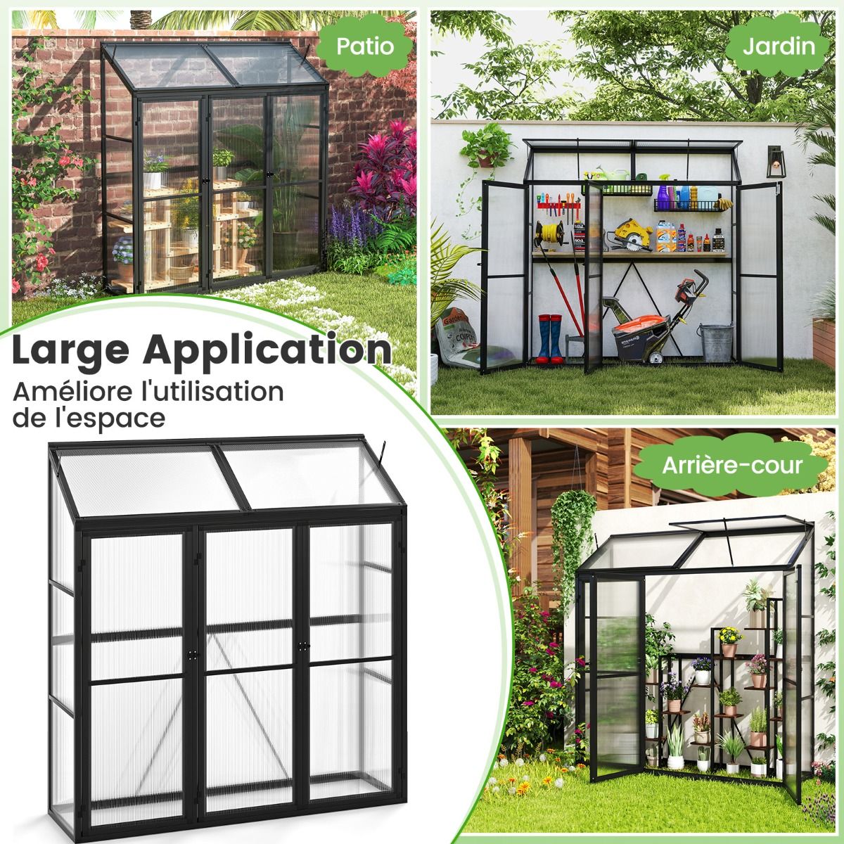 Serre de Jardin Extérieure en Aluminium Serre Mini Walk-in avec Lucarne et 3 Portes Fermables Plaques PC Résistantes au Soleil Noir