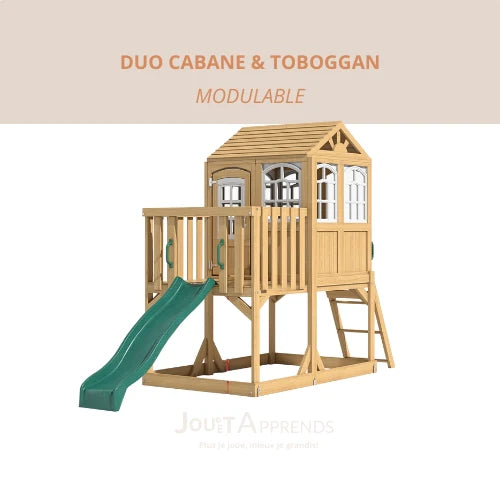 Aire de jeux enfant Montessori - 3 en 1 Balançoire, Toboggan, Cabane en bois modulable