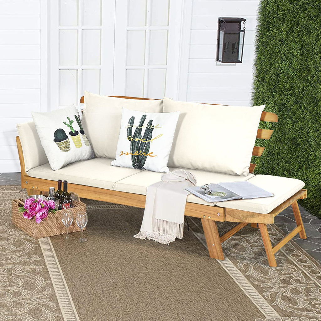 Chaise Longue Convertible avec Coussin Canapé de Jardin 2 en 1 en Bois d’Acacia avec Accoudoir Réglable pour Patio Piscine Jardin Blanc/Gris/Bleu/R...
