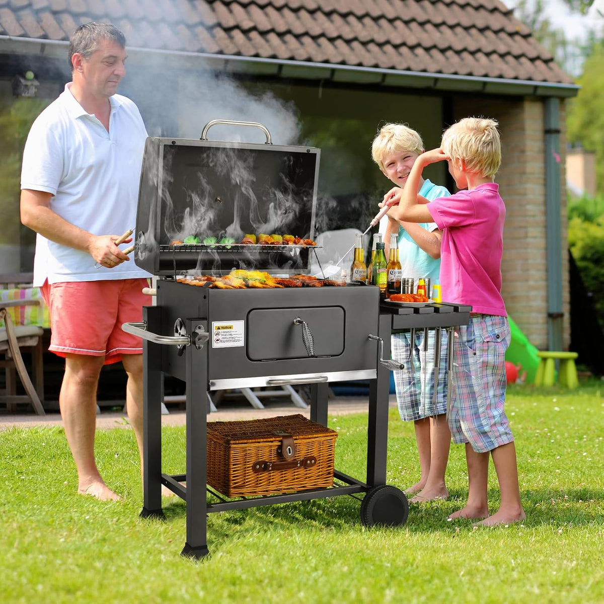 Barbecue Charbon de Bois XL, Chariot à Barbecue, Grill XL à Charbon avec Couvercle, Roues et Thermomètre, Réglable en Hauteur, Grand Barbecue au Ch...