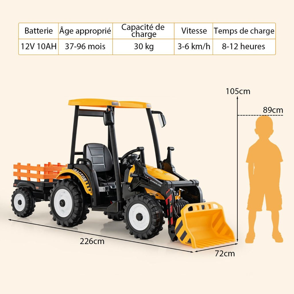 12V Tracteur Électrique Enfants avec Pelle&Remorque Amovible Véhicule Électrique à 6 Roues avec Télécommande & Musique 3-6 km/h pour 3-8 Ans Jaune/...