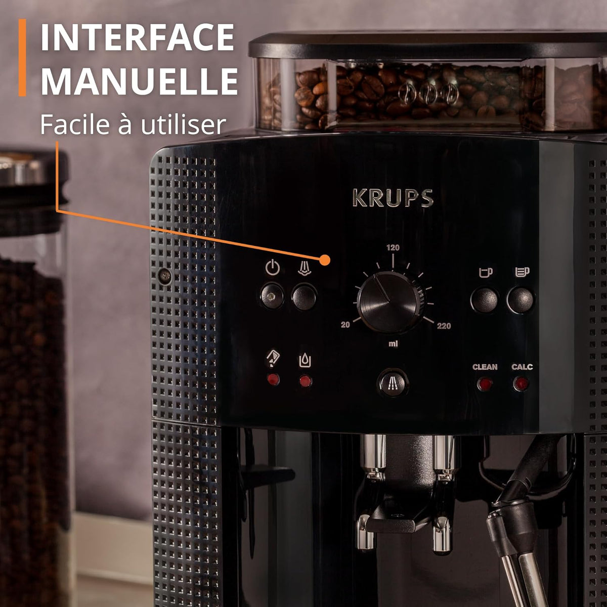 Krups Machine à café grain, 1,7 L, 2 tasses en simultané, Nettoyage automatique, Buse vapeur pour Cappuccino, Cafetière espresso, Essential noire Y...