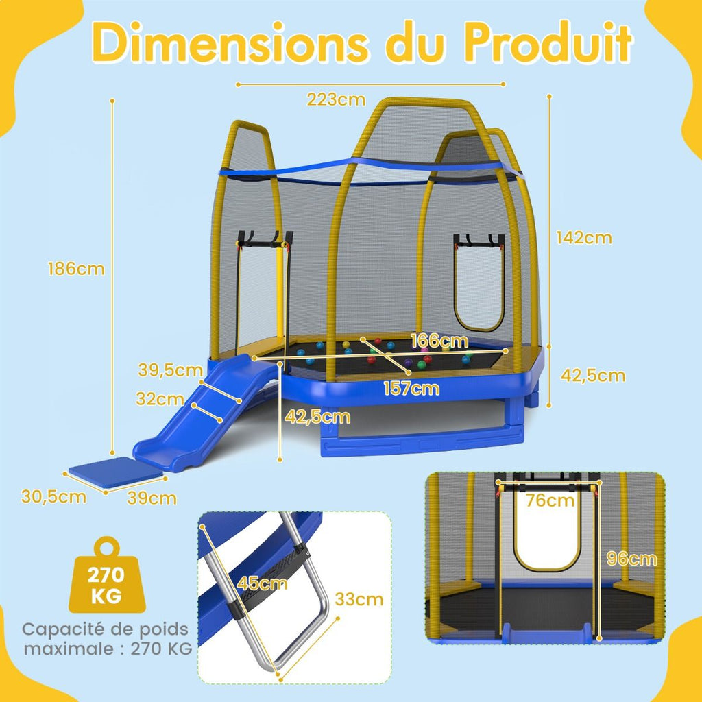 Trampoline Extérieur Ø 223cm avec Toboggan&Echelle avec Filet de Sécurité 2 Portes en U Charge 270kg pour 2-3 Enfants de 3 Ans+ Bleu/Vert