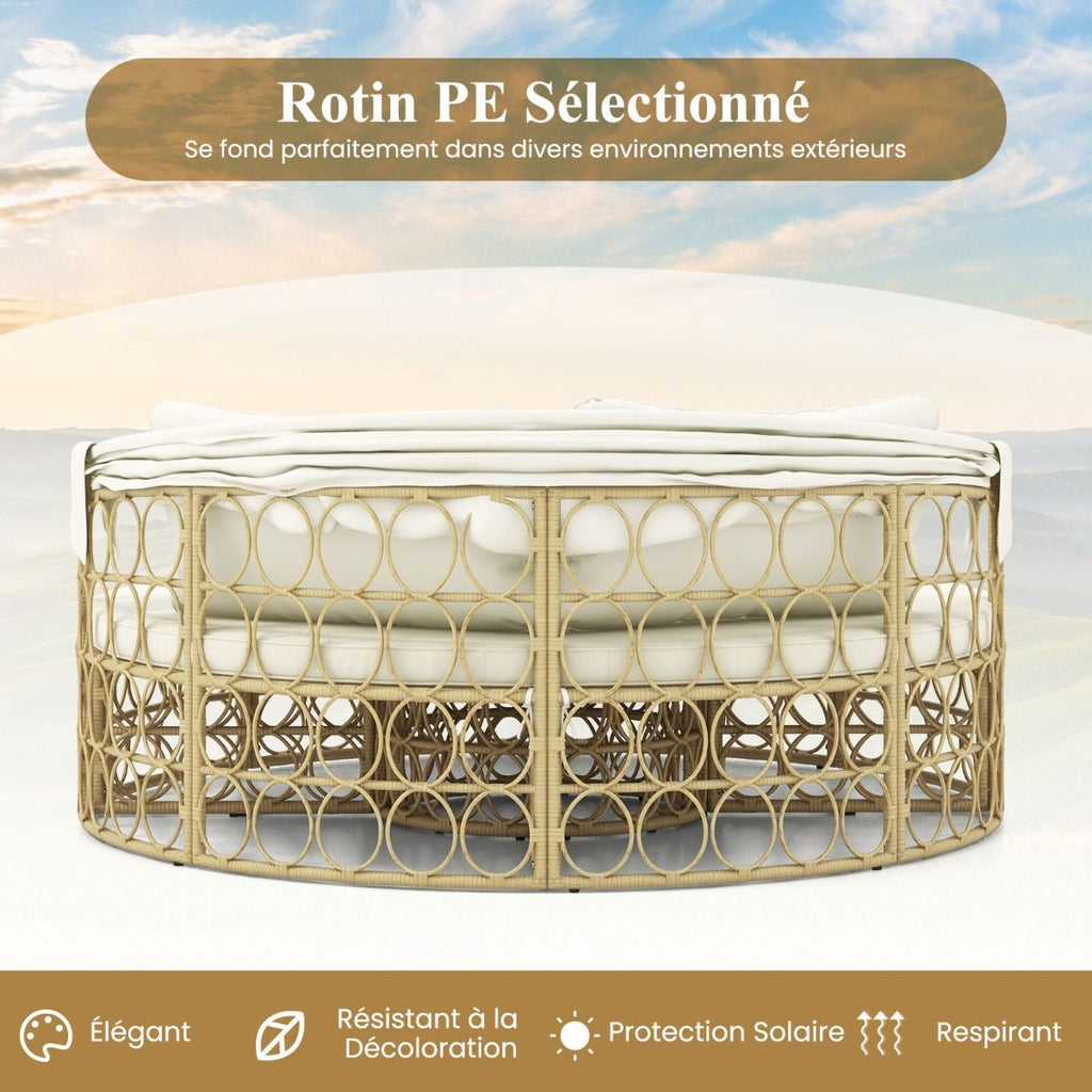 Lit de Repos Rond pour Patio avec Auvent Rétractable Ensemble de Siège Sectionnels Séparés en Rotin PE avec Coussins Doux Blanc