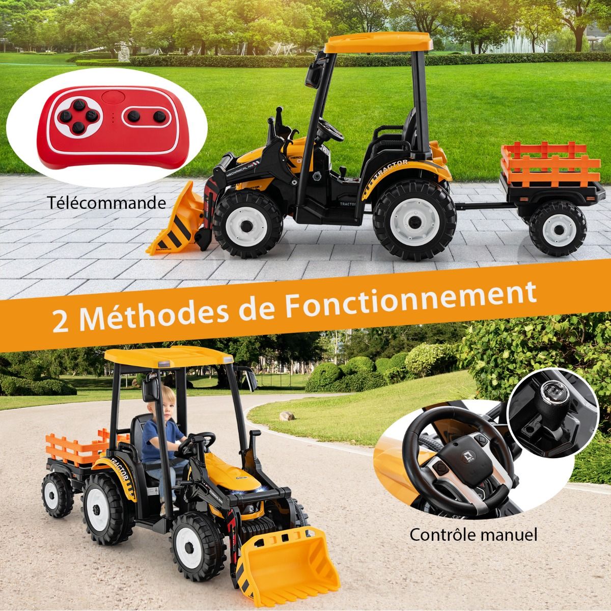 12V Tracteur Électrique Enfants avec Pelle&Remorque Amovible Véhicule Électrique à 6 Roues avec Télécommande & Musique 3-6 km/h pour 3-8 Ans Jaune/...