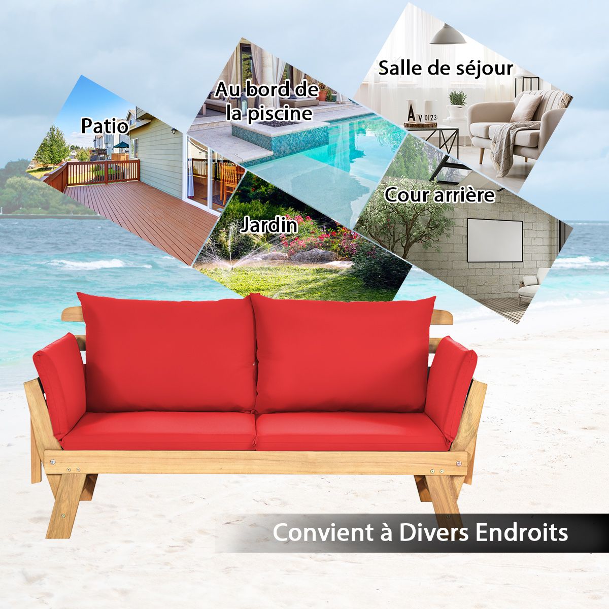 Chaise Longue Convertible avec Coussin Canapé de Jardin 2 en 1 en Bois d’Acacia avec Accoudoir Réglable pour Patio Piscine Jardin Blanc/Gris/Bleu/R...