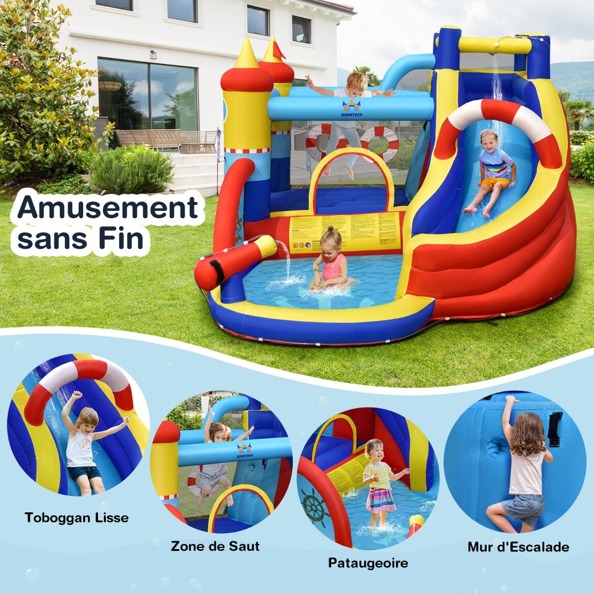 Château Gonflable Style Bateau avec Toboggan Incurvé Zone de Saut Mur d'Escalade avec Gonfleur 450 W