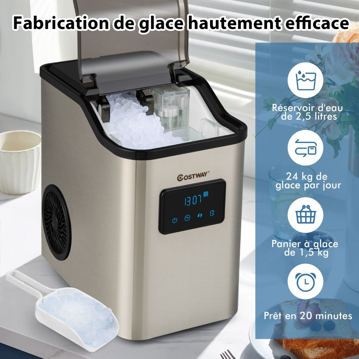 Machine à Glaçons 24kg en 24h Panneau de Contrôle Tactile LED