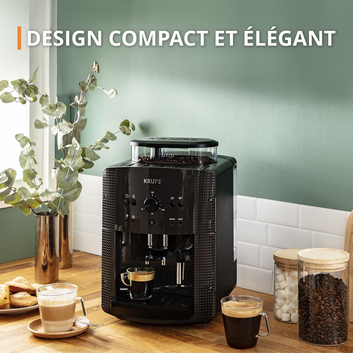 Krups Machine à café grain, 1,7 L, 2 tasses en simultané, Nettoyage automatique, Buse vapeur pour Cappuccino, Cafetière espresso, Essential noire Y...