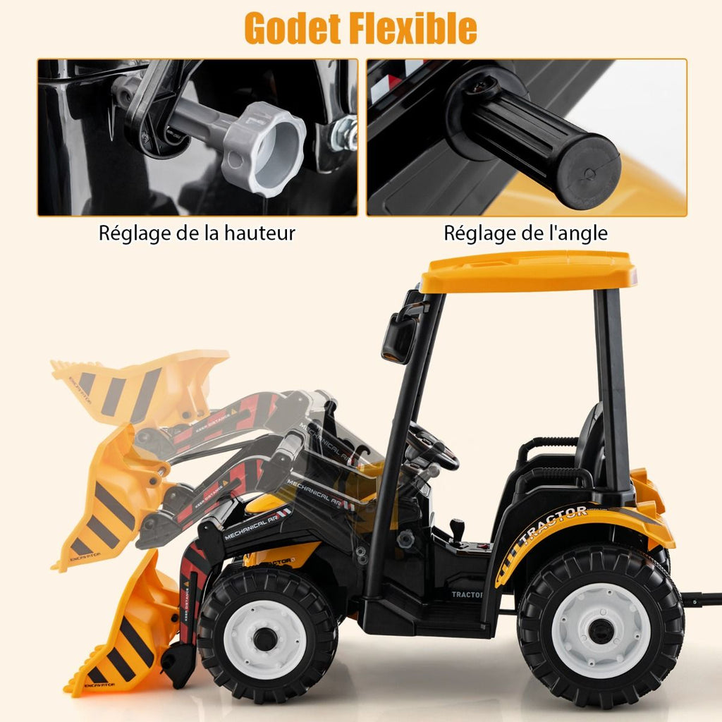 12V Tracteur Électrique Enfants avec Pelle&Remorque Amovible Véhicule Électrique à 6 Roues avec Télécommande & Musique 3-6 km/h pour 3-8 Ans Jaune/...