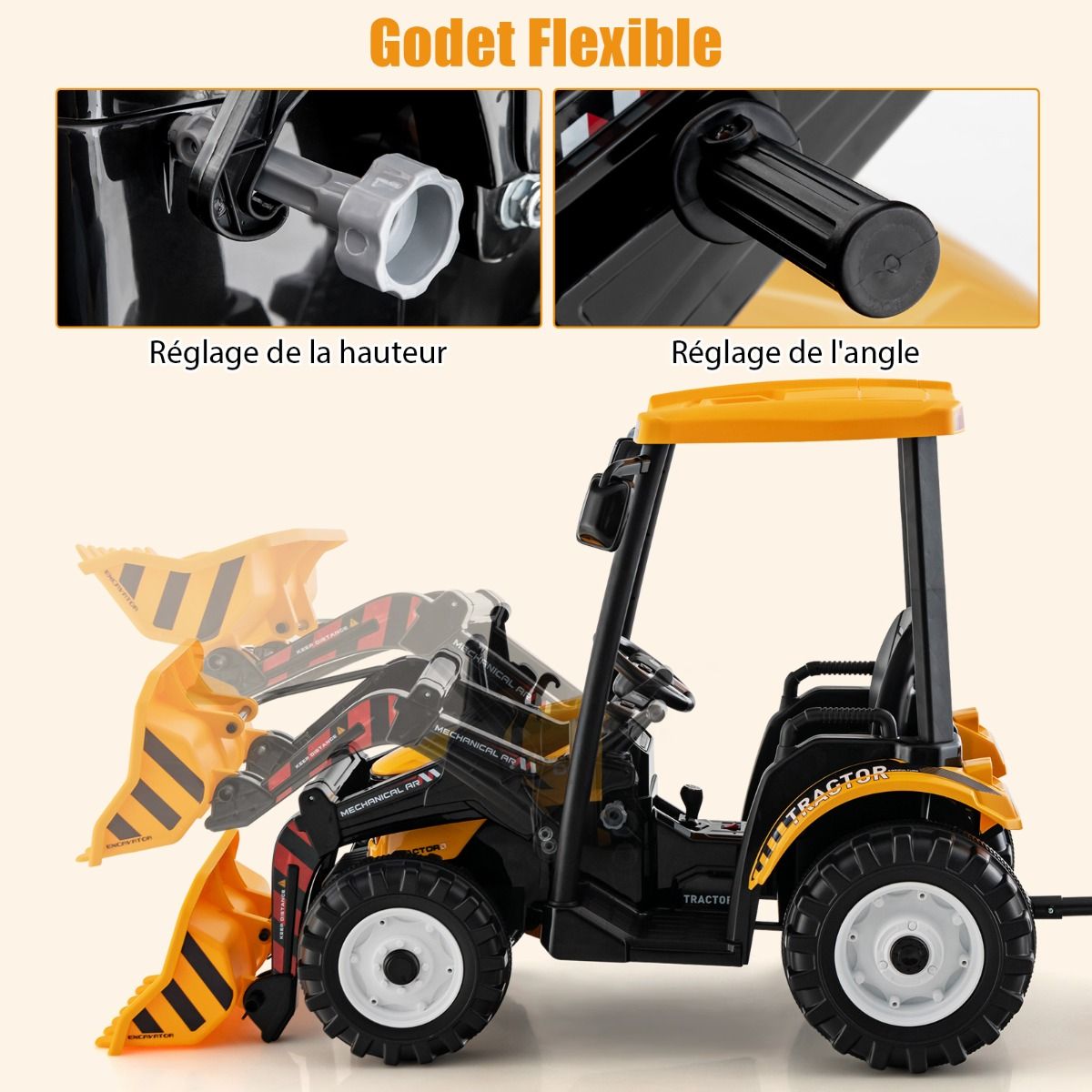 12V Tracteur Électrique Enfants avec Pelle&Remorque Amovible Véhicule Électrique à 6 Roues avec Télécommande & Musique 3-6 km/h pour 3-8 Ans Jaune/...