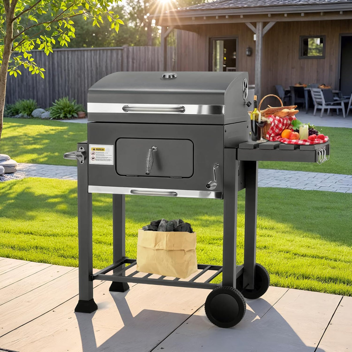 Barbecue Charbon de Bois XL, Chariot à Barbecue, Grill XL à Charbon avec Couvercle, Roues et Thermomètre, Réglable en Hauteur, Grand Barbecue au Ch...