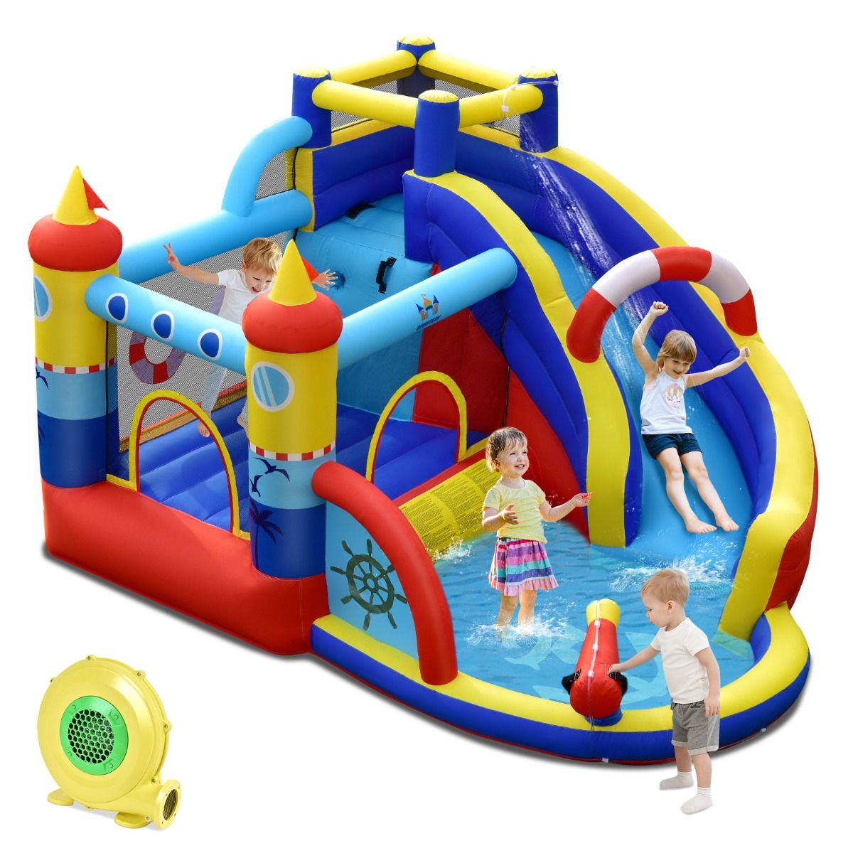 Château Gonflable Style Bateau avec Toboggan Incurvé Zone de Saut Mur d'Escalade avec Gonfleur 450 W