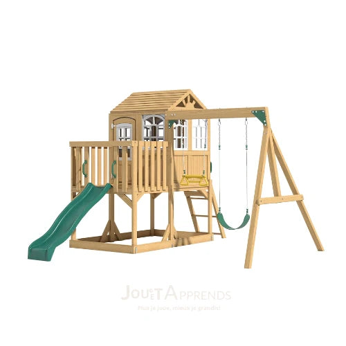 Aire de jeux enfant Montessori - 3 en 1 Balançoire, Toboggan, Cabane en bois modulable