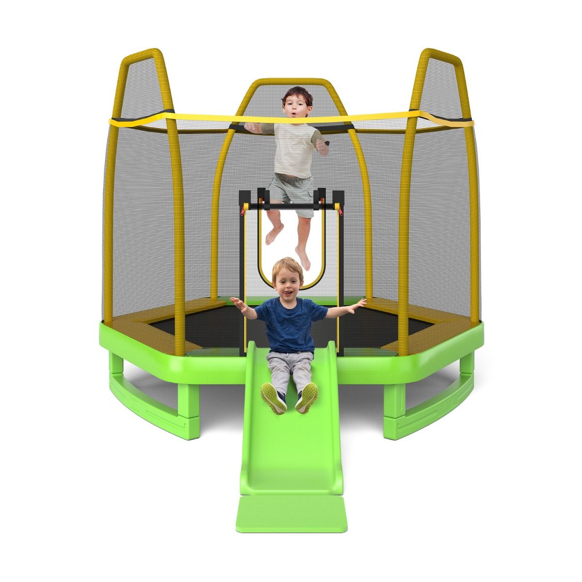 Trampoline Extérieur Ø 223cm avec Toboggan&Echelle avec Filet de Sécurité 2 Portes en U Charge 270kg pour 2-3 Enfants de 3 Ans+ Bleu/Vert