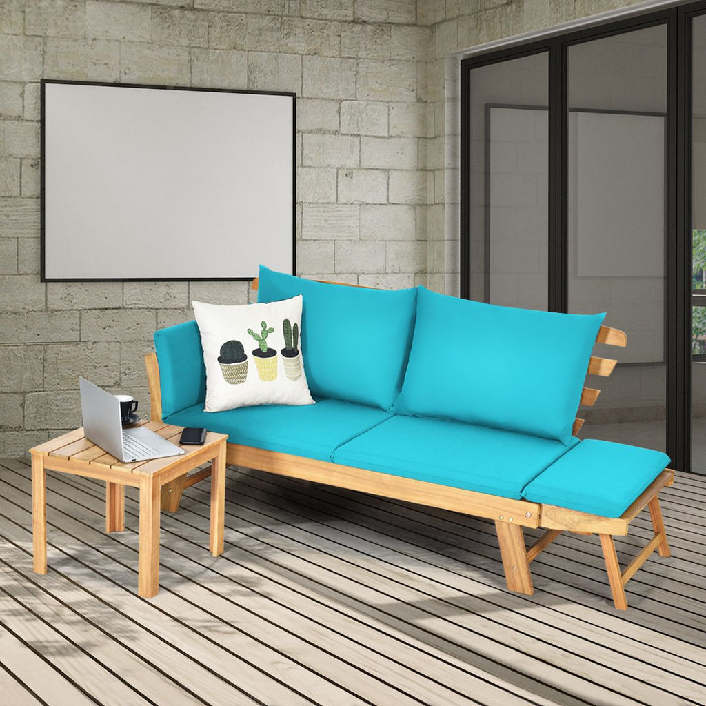 Chaise Longue Convertible avec Coussin Canapé de Jardin 2 en 1 en Bois d’Acacia avec Accoudoir Réglable pour Patio Piscine Jardin Blanc/Gris/Bleu/R...