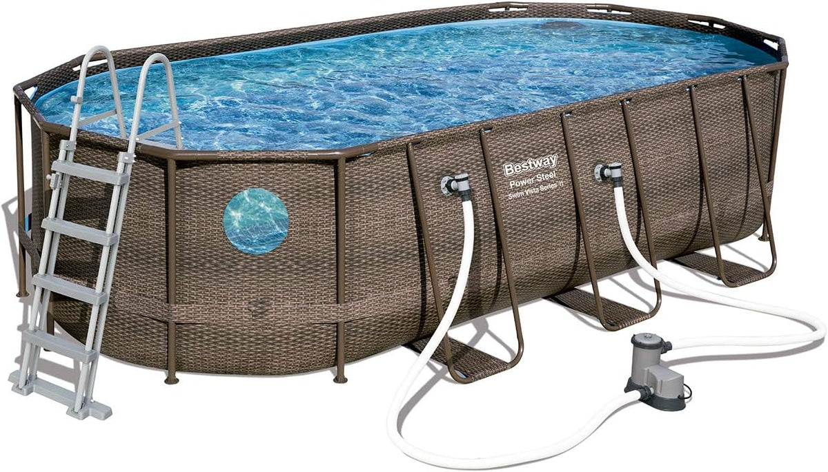 Bestway 56946 Piscine Power Steel™ Swim Vista ovale 488 x 305 x 107 cm motif rotin avec hublots, filtration à sable, échelle, bâche et diffuseur Ch...