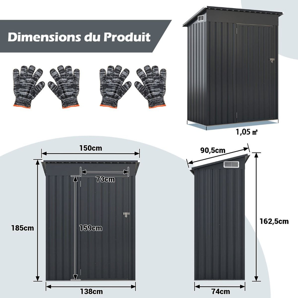 Abri de Rangement Toutes Saisons Abri à Outils Utilitaire avec Toit en Pente Porte Ouvrante Aérations Cadre en Métal Galvanisé Gris