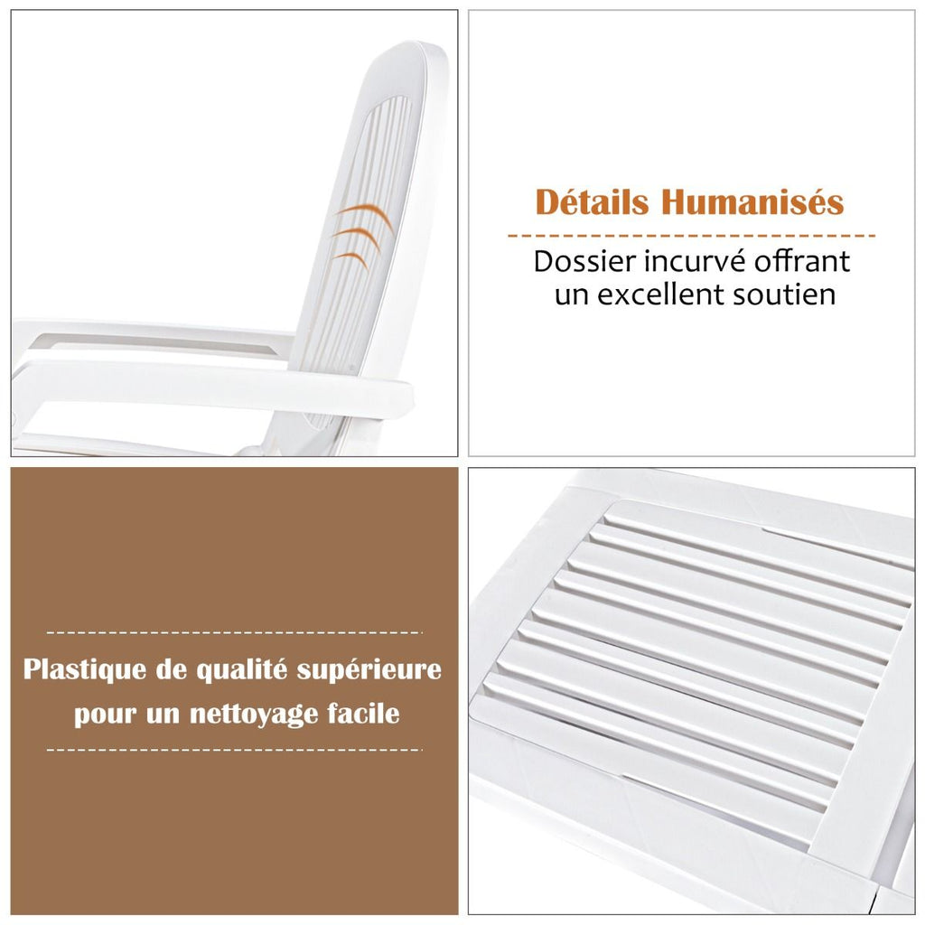 Chaise Longue Inclinable Réglable à 5 Positions avec Roues Flexibles Fauteuil Relax de Camping avec Boîte de Rangement Charge 150KG Blanc