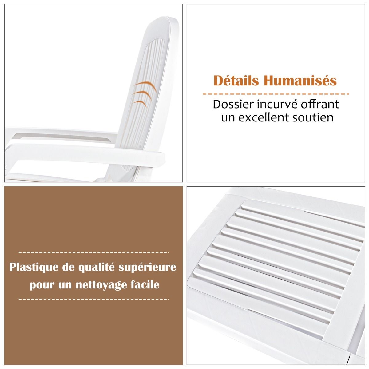 Chaise Longue Inclinable Réglable à 5 Positions avec Roues Flexibles Fauteuil Relax de Camping avec Boîte de Rangement Charge 150KG Blanc