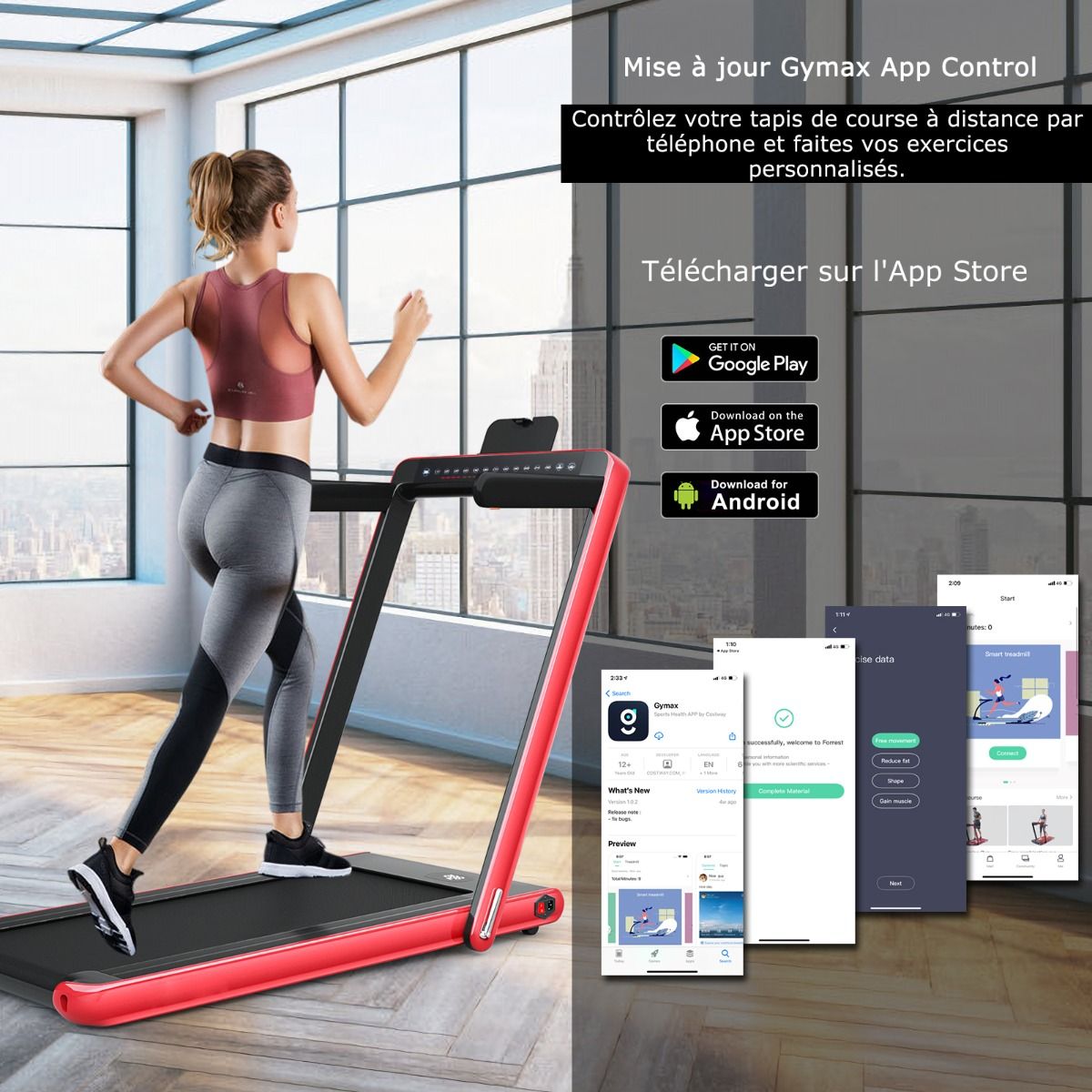 Tapis de Course Pliable 0,75HP Double Affichage LED APP et Télécommande Vitesse Motorisé 12 km/h Surface 40x100cm Rouge