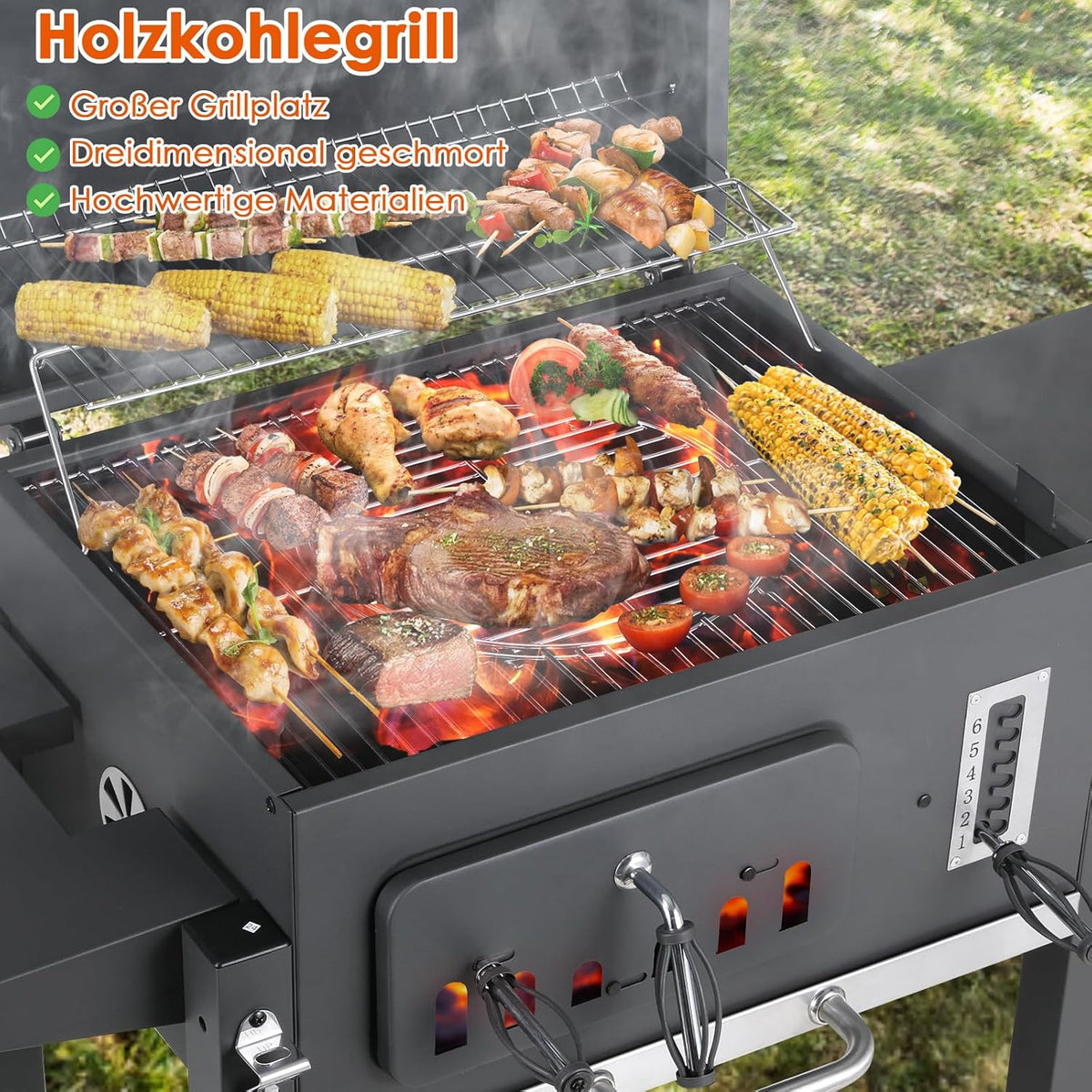 Barbecue Charbon de Bois XL, Chariot à Barbecue, Grill XL à Charbon avec Couvercle, Roues et Thermomètre, Réglable en Hauteur, Grand Barbecue au Ch...