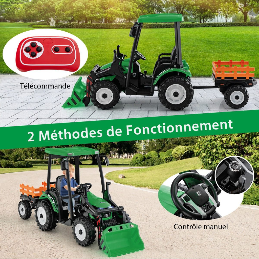 12V Tracteur Électrique Enfants avec Pelle&Remorque Amovible Véhicule Électrique à 6 Roues avec Télécommande & Musique 3-6 km/h pour 3-8 Ans Jaune/...