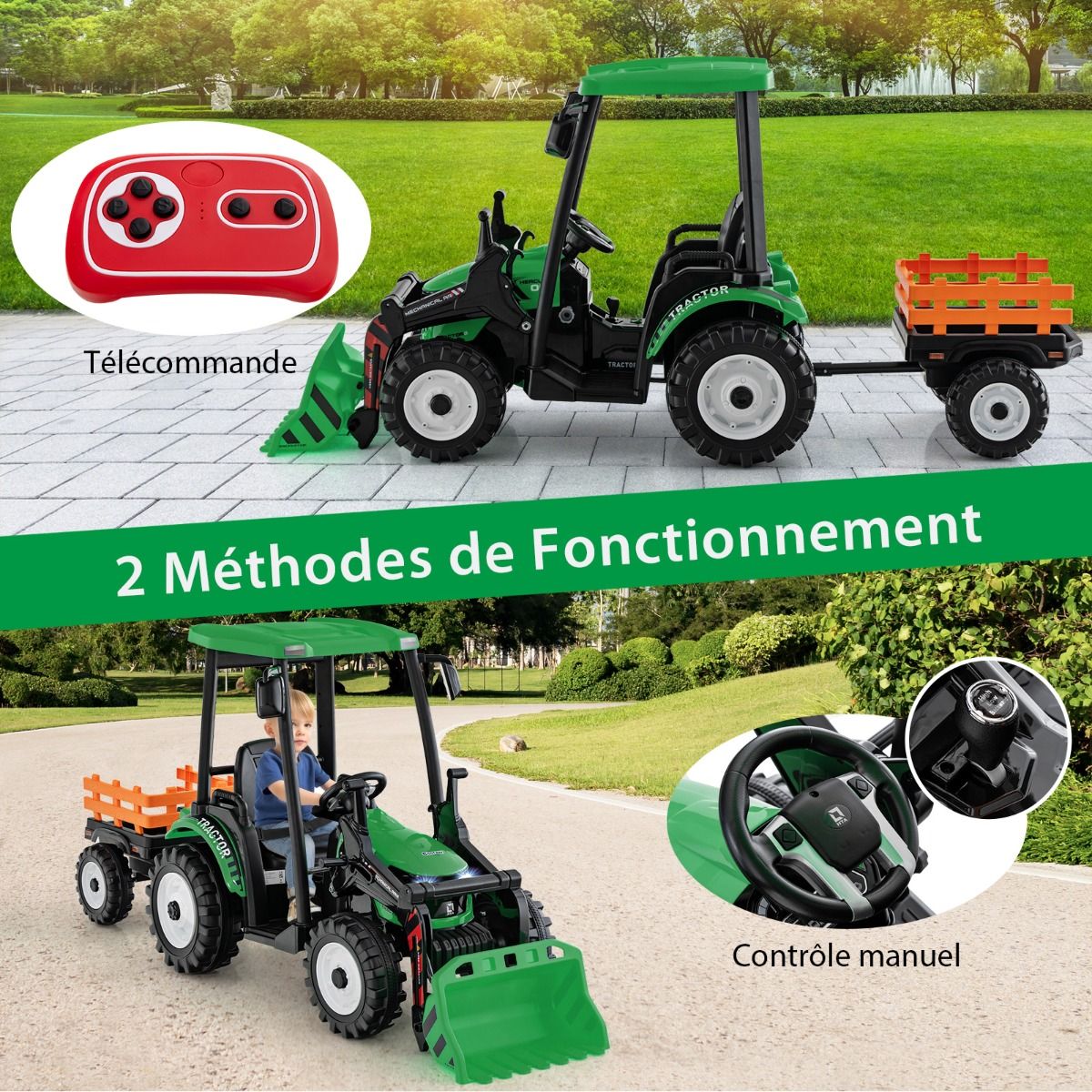 12V Tracteur Électrique Enfants avec Pelle&Remorque Amovible Véhicule Électrique à 6 Roues avec Télécommande & Musique 3-6 km/h pour 3-8 Ans Jaune/...