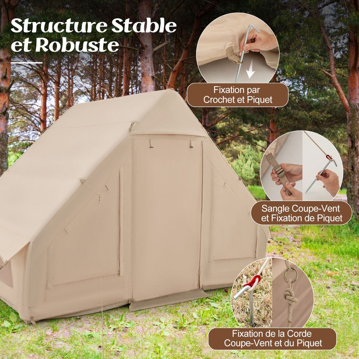 Tente de Camping Gonflable 6 m² pour 4-6 Personnes Tente en Coton Coupe-vent et Imperméable avec Pompe 7 Fenêtres à Moustiquaire Beige