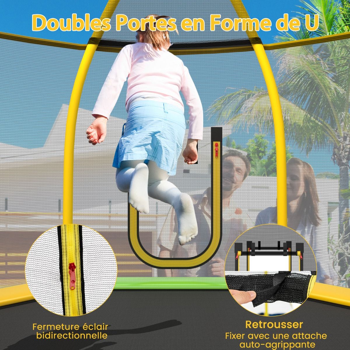 Trampoline Extérieur Ø 223cm avec Toboggan&Echelle avec Filet de Sécurité 2 Portes en U Charge 270kg pour 2-3 Enfants de 3 Ans+ Bleu/Vert