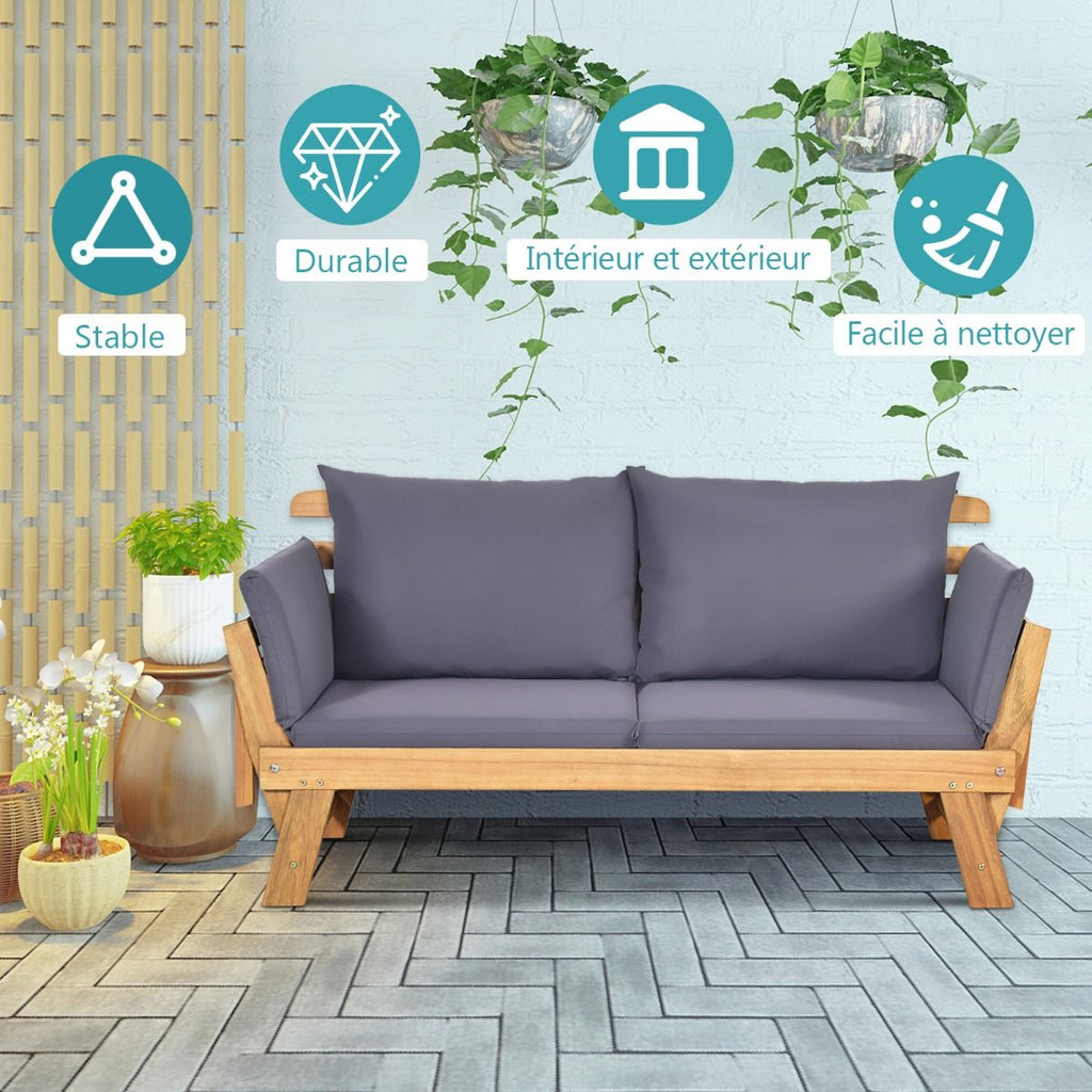 Chaise Longue Convertible avec Coussin Canapé de Jardin 2 en 1 en Bois d’Acacia avec Accoudoir Réglable pour Patio Piscine Jardin Blanc/Gris/Bleu/R...