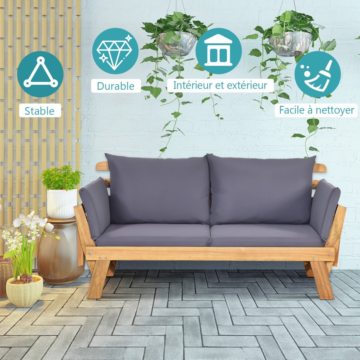 Chaise Longue Convertible avec Coussin Canapé de Jardin 2 en 1 en Bois d’Acacia avec Accoudoir Réglable pour Patio Piscine Jardin Blanc/Gris/Bleu/R...