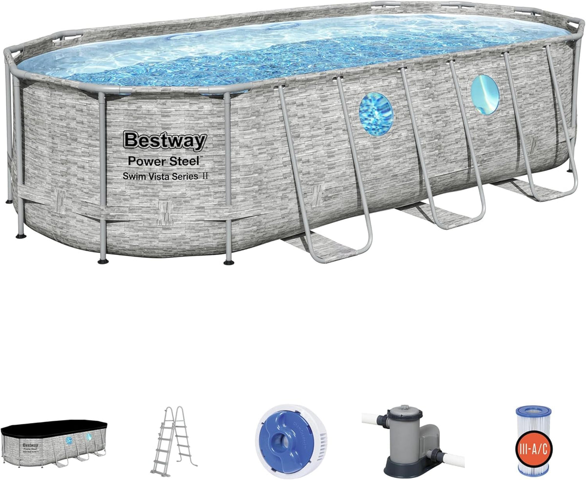 Bestway 56946 Piscine Power Steel™ Swim Vista ovale 488 x 305 x 107 cm motif rotin avec hublots, filtration à sable, échelle, bâche et diffuseur Ch...