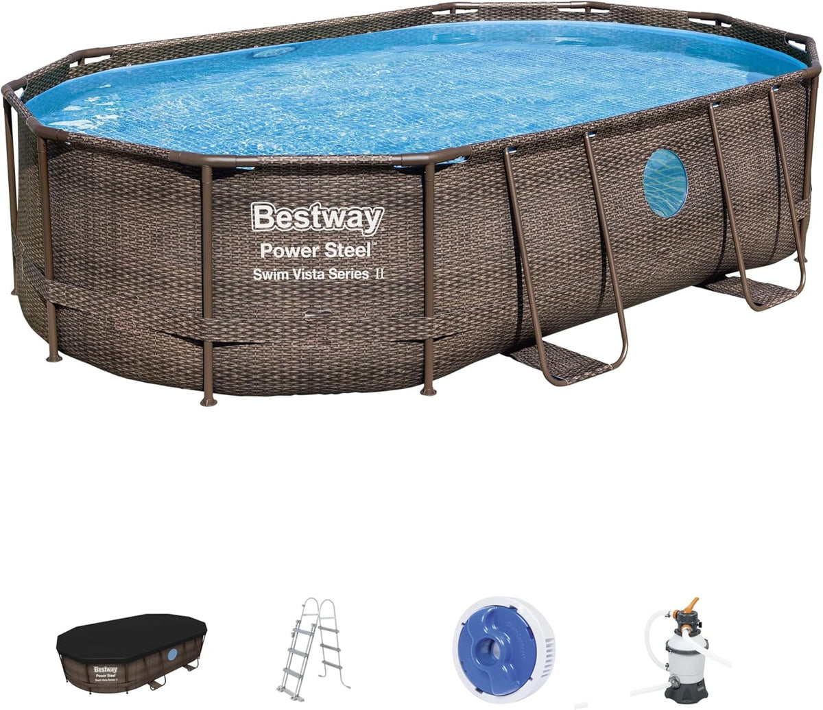 Bestway 56946 Piscine Power Steel™ Swim Vista ovale 488 x 305 x 107 cm motif rotin avec hublots, filtration à sable, échelle, bâche et diffuseur Ch...