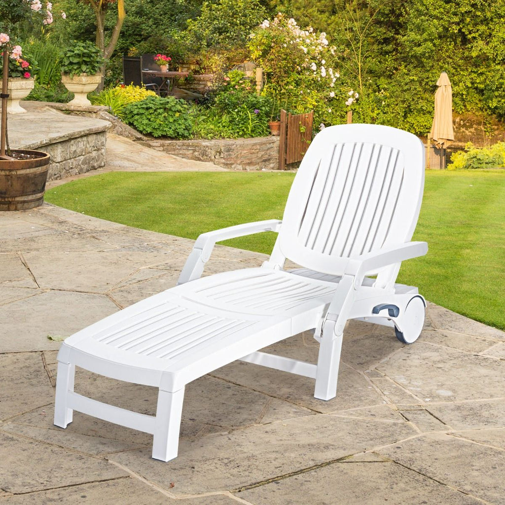 Chaise Longue Inclinable Réglable à 5 Positions avec Roues Flexibles Fauteuil Relax de Camping avec Boîte de Rangement Charge 150KG Blanc