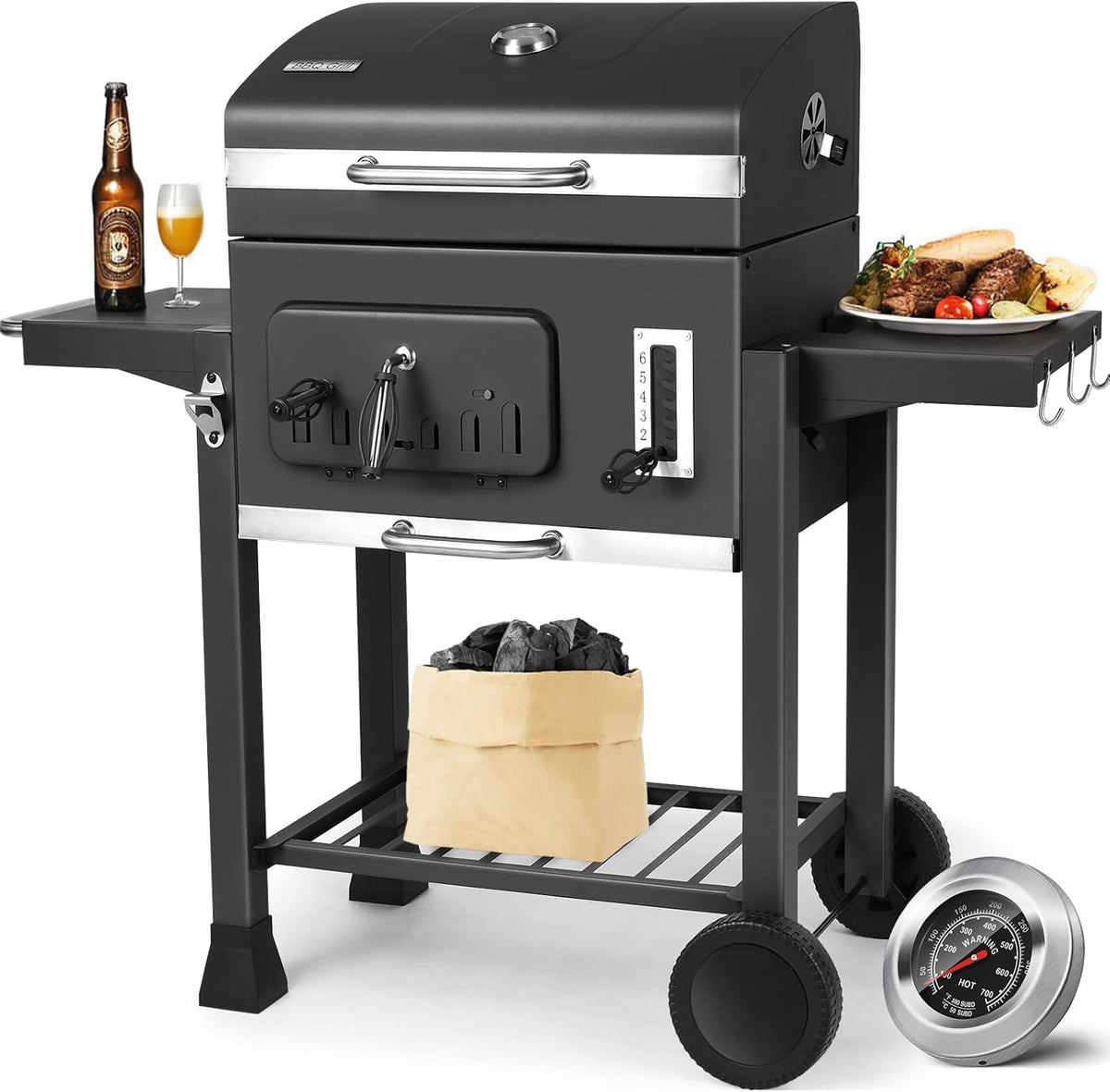 Barbecue Charbon de Bois XL, Chariot à Barbecue, Grill XL à Charbon avec Couvercle, Roues et Thermomètre, Réglable en Hauteur, Grand Barbecue au Ch...