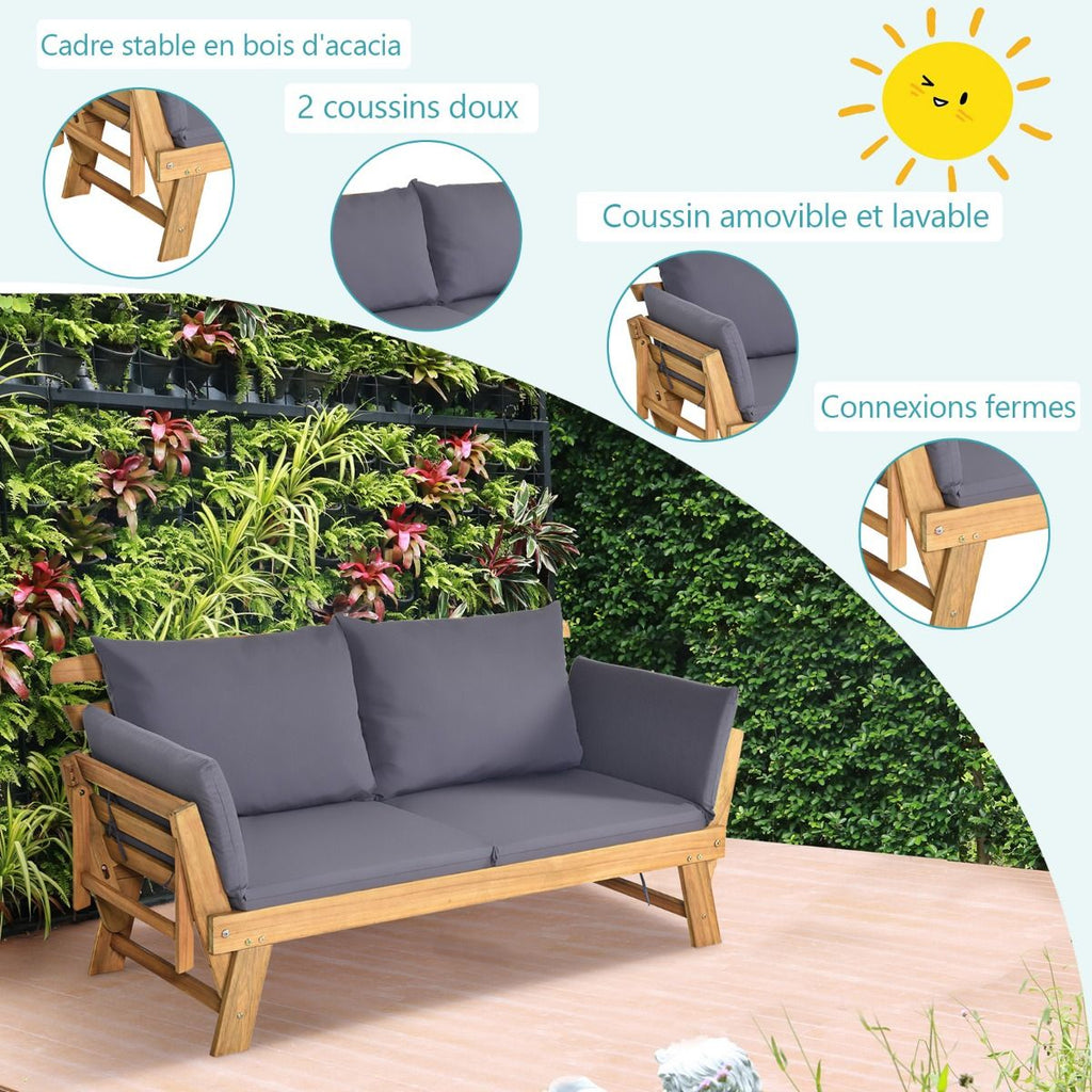 Chaise Longue Convertible avec Coussin Canapé de Jardin 2 en 1 en Bois d’Acacia avec Accoudoir Réglable pour Patio Piscine Jardin Blanc/Gris/Bleu/R...